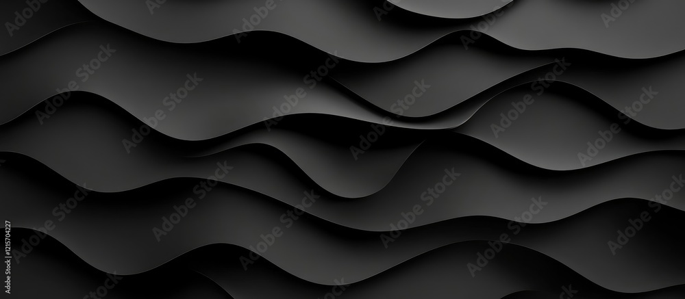 Poster black textured wave pattern background with smooth curves and copy space.