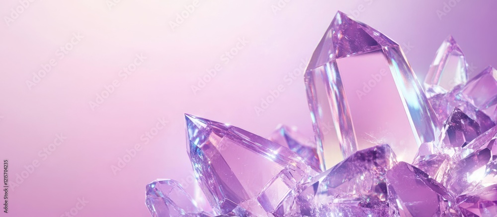 Poster close-up of amethyst crystals with soft purple background and copy space for text. crystal structure