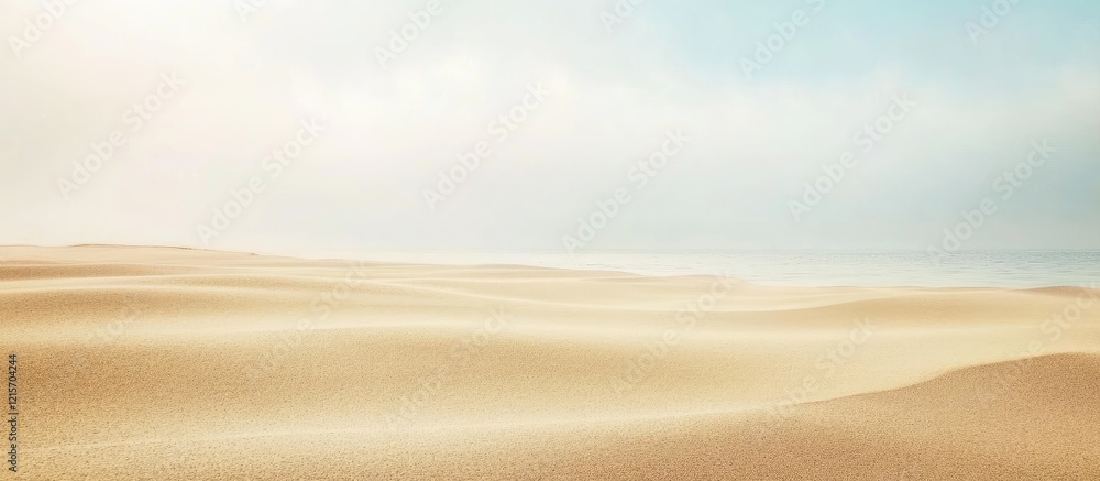 Poster vast sandy desert landscape with soft undulating dunes and a hazy blue sky with copy space for text.