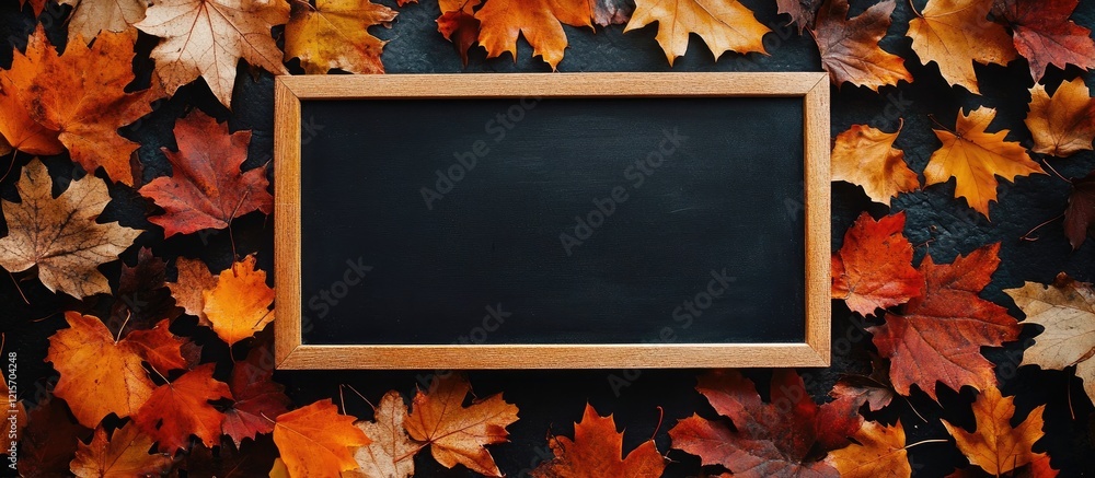 Poster autumn leaves background with empty wooden frame chalkboard and copy space for text placement. vibra