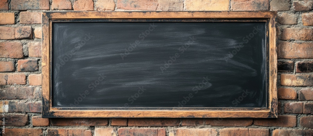 Poster black chalkboard frame on a rustic brick wall with blank space for text and writing copy space