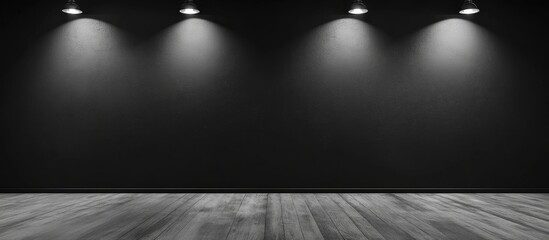 Empty exhibition space with spotlights on black wall and wooden floor Copy Space