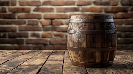 Aged wooden liquor barrel on rustic table in cellar with brick wall ideal for showcasing wine distillation and product placement concepts