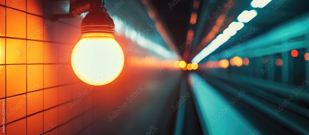 Poster illuminated subway tunnel with blank billboard space for advertising and copy space for text in urba