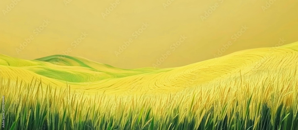 Poster golden wheat fields under yellowish sky with gentle rolling hills and copy space for text placement.