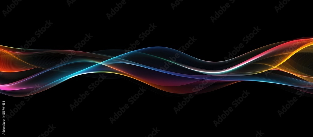 Poster colorful abstract light waves on a black background with smooth flowing lines and copy space for tex