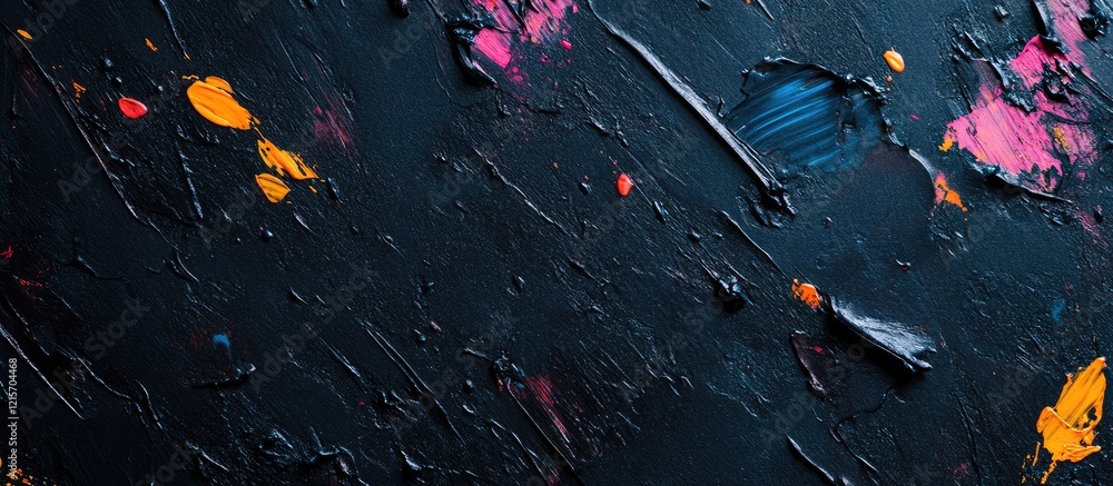 Poster abstract textured painting with dark background and colorful paint splashes copy space