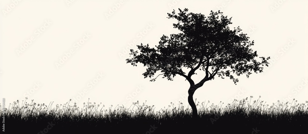 Aufkleber silhouette of a solitary tree against a light background with grass in the foreground and ample copy