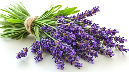 Fototapeta premium A bunch of fresh lavender flowers tied with twine, isolated on white background.
