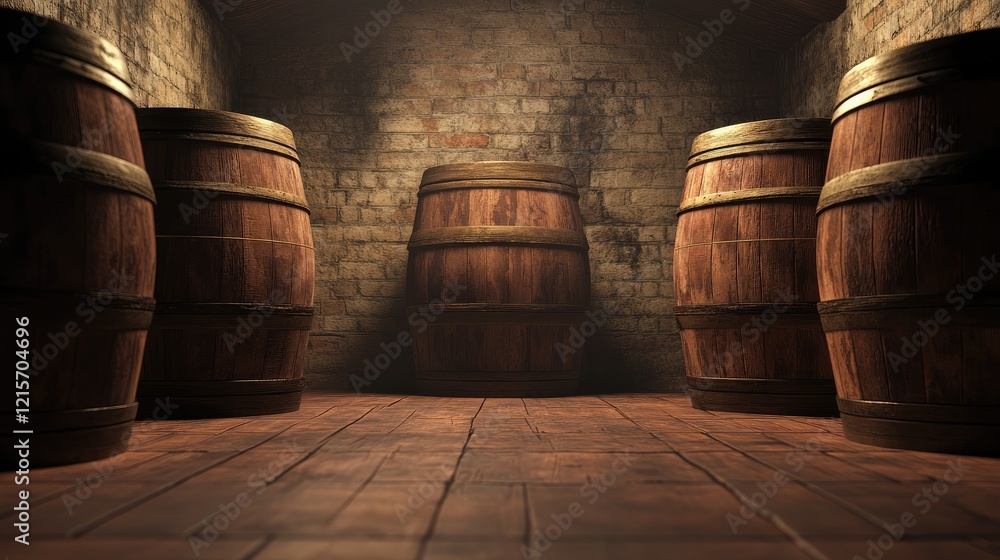 Poster aging red wine barrels in a rustic storage room with warm lighting and ample empty space for text pl