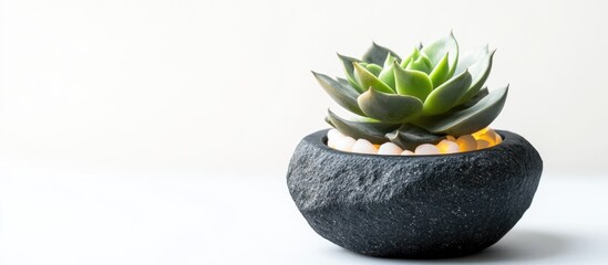 Fototapeta premium Succulent plant in a black stone pot with decorative pebbles and copy space on a light background