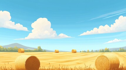 Scenic Agricultural Field with Straw Bales under Blue Sky and White Clouds Ideal for Text Placement and Nature Themes