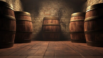Aging red wine barrels in a rustic storage room with warm lighting and ample empty space for text placement or advertisements