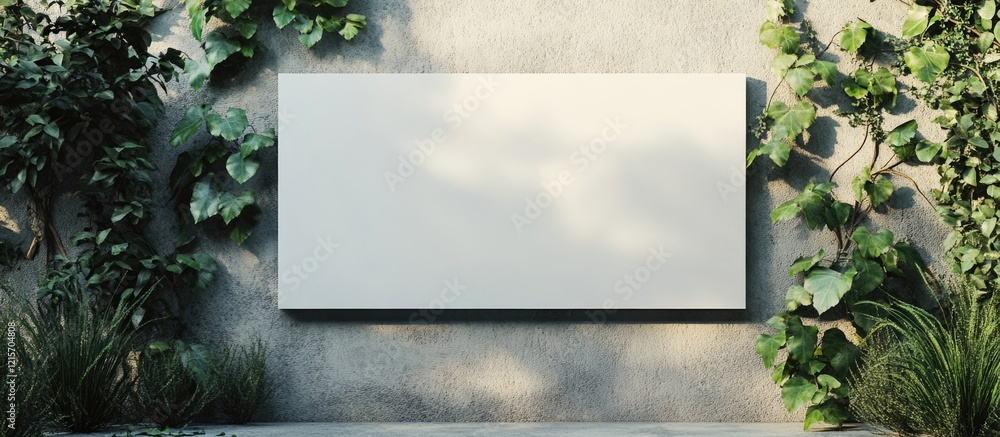 Poster minimalistic blank canvas on textured wall surrounded by greenery with copy space for text placement