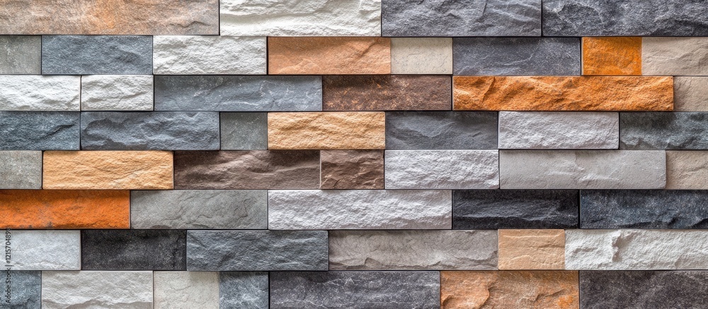 Poster textured stone wall with different colors and sizes of bricks arranged in a pattern copy space