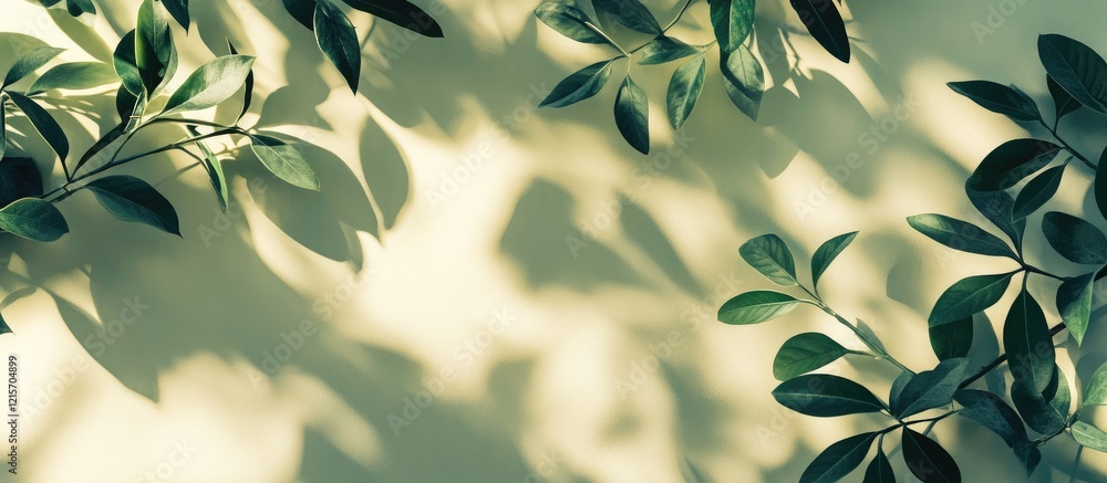 Poster green plant leaves creating shadows on a pastel wall representing abstract nature and minimalism wit