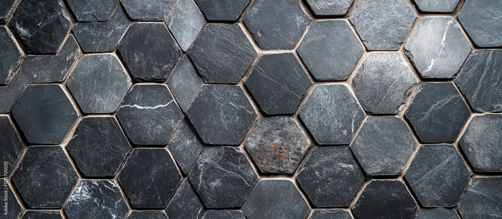 Poster hexagonal slate tiles arranged in a modern pattern with dark tones and texture featuring copy space 