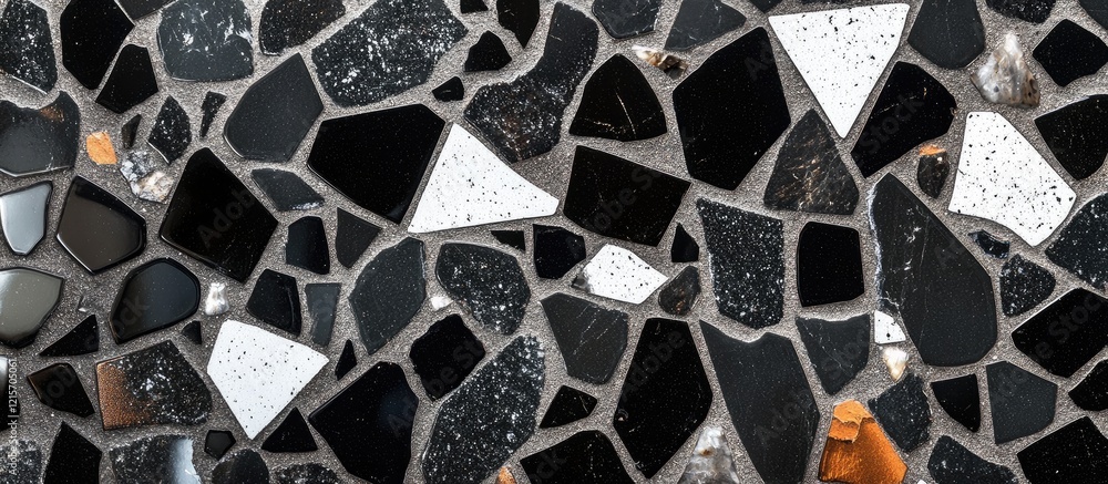 Poster mosaic tile pattern featuring black and white pieces with varying shapes and textures on a flat surf