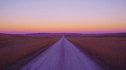 Fototapeta premium Serene gravel road stretching into a vibrant sunset over golden fields, evoking tranquility and adventure