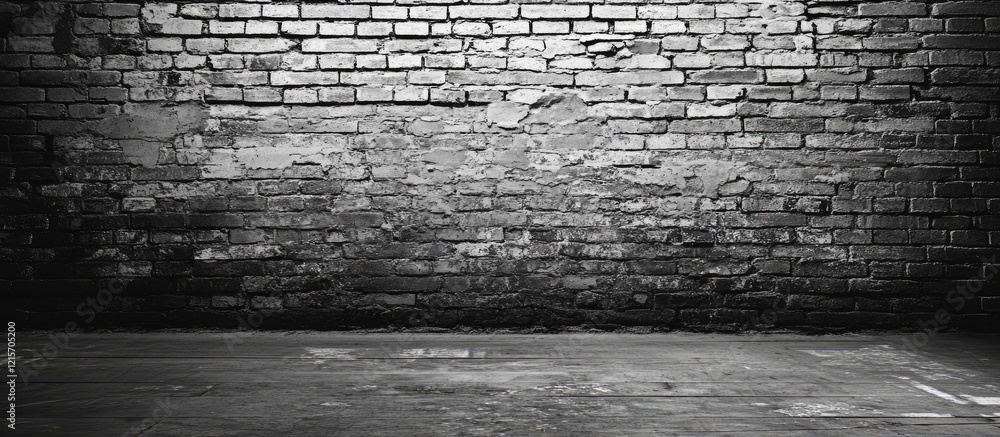 Poster black and white textured brick wall with concrete floor and ample copy space for design elements or 