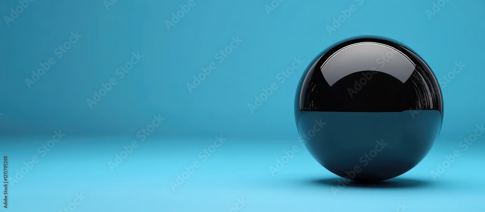 Poster black glossy sphere on a solid blue background with ample copy space for text placement