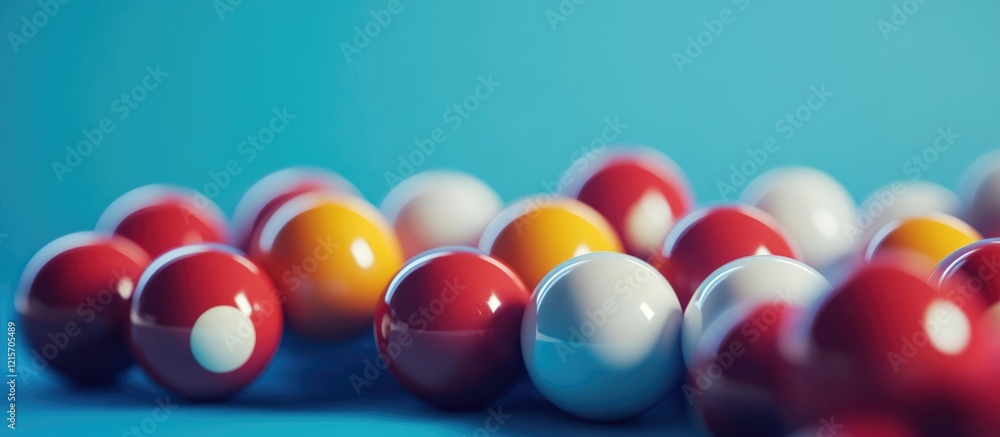 Poster colorful balls on blue background with shallow depth of field and copy space for text placement