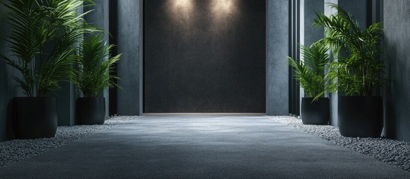 Modern minimalist corridor with gray concrete walls and indoor plants, showcasing a stylish urban home interior design.