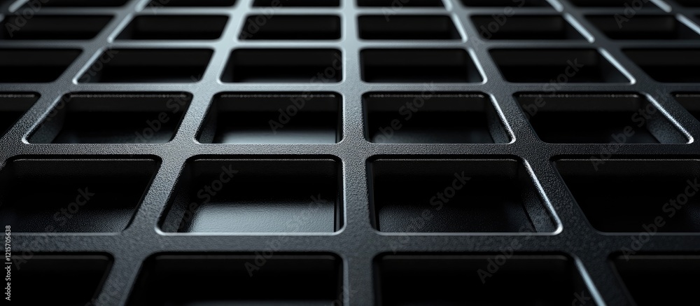 Poster black grid pattern texture with square openings on a dark background, featuring geometric shapes and