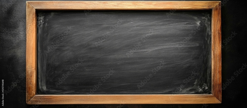 Poster black chalkboard with wooden frame and empty surface suitable for writing and teaching with copy spa