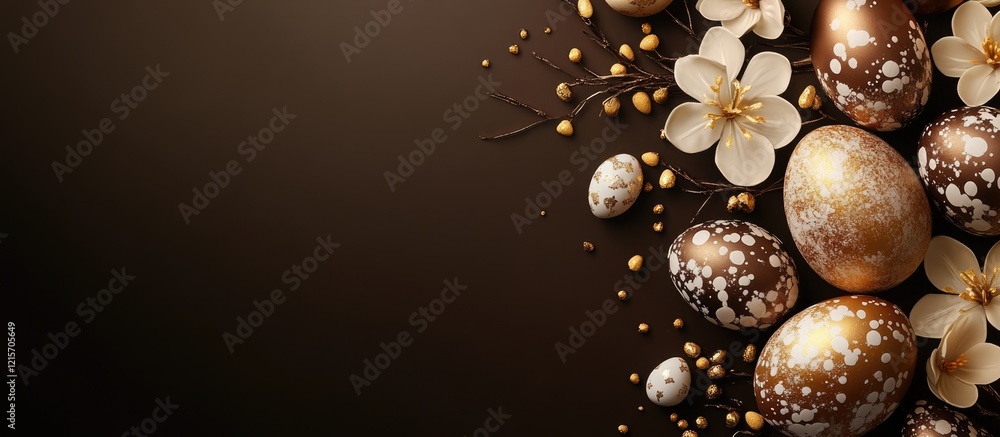 Poster Easter eggs and flowers arrangement on dark background with copy space for text or design elements