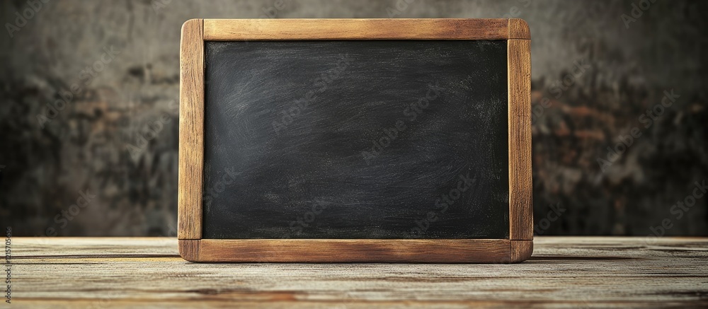 Poster blank chalkboard with wooden frame on rustic table background with copy space for text or graphics.