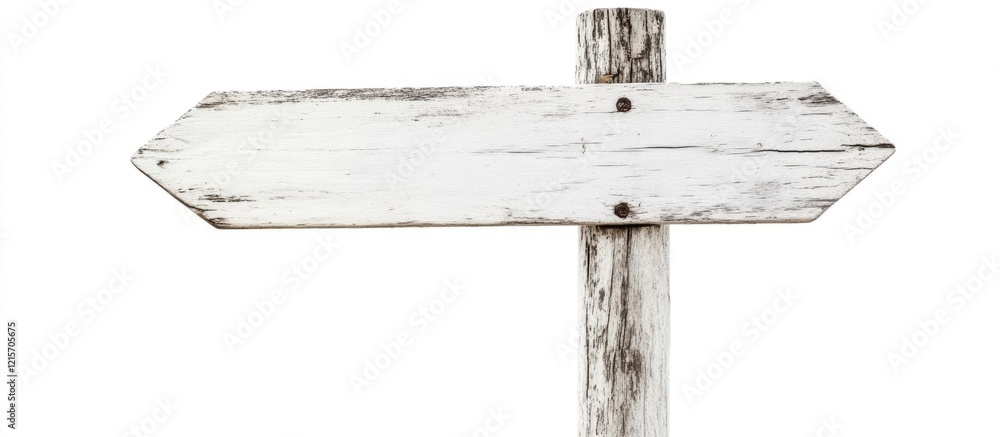 Poster blank white wooden signpost isolated on white background with rustic texture and copy space for text