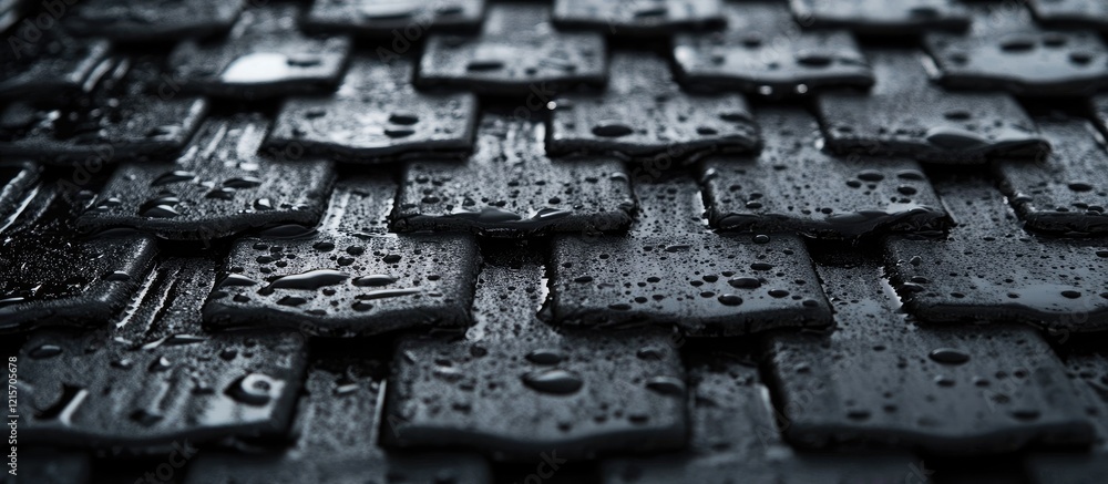 Poster close-up of textured black roof shingles with water droplets creating a shiny surface and copy space