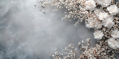 Elegant floral backdrop with soft gray texture and white flowers, perfect for text overlay in invitations or romantic designs