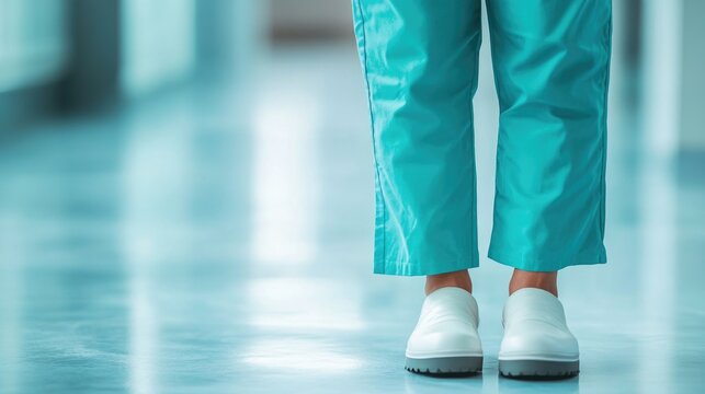 Female podiatrist in traditional clogs and scrubs symbolizing dedication in medicine with empty space for text in a clinical setting