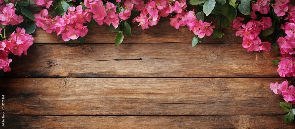 Poster wooden background with pink flowers and green leaves creating a natural frame with ample copy space 