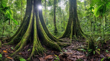 Lush Rainforest Sunlight Through Moss Covered Roots