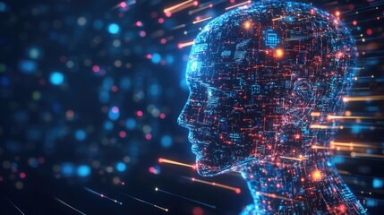 Futuristic AI Technology Concept with Data Network and Profile Silhouette Against Dark Background for Text Placement
