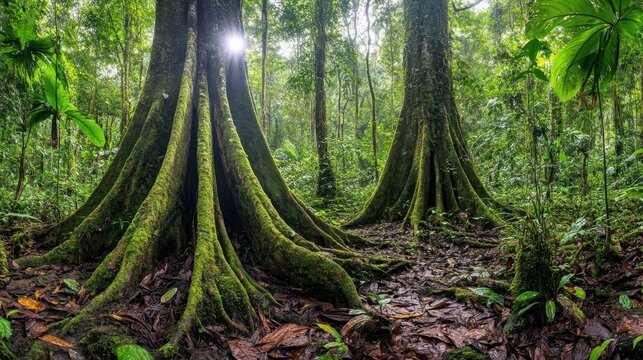 Lush Rainforest Sunlight Through Moss Covered Roots