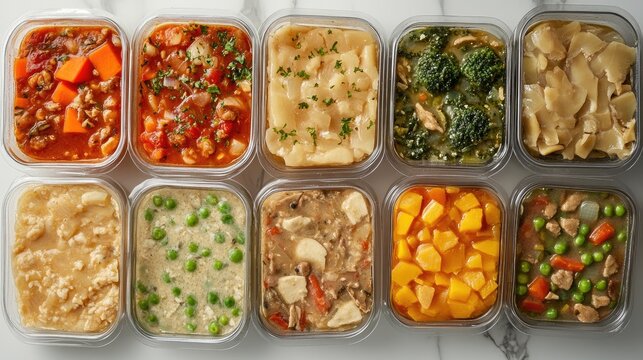 Assorted convenient frozen meals in clear containers ready for quick microwave reheating and easy meal preparation at home