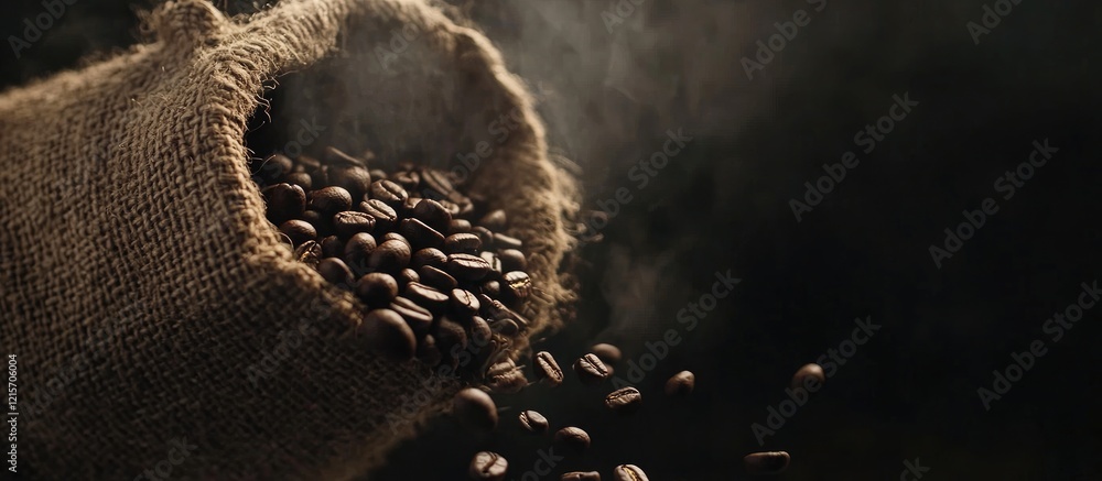 Poster coffee beans spilling from a burlap sack on a dark background with smoke and ample copy space for te