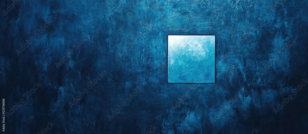 Poster textured blue wall with square window revealing light blue surface behind it. copy space available f