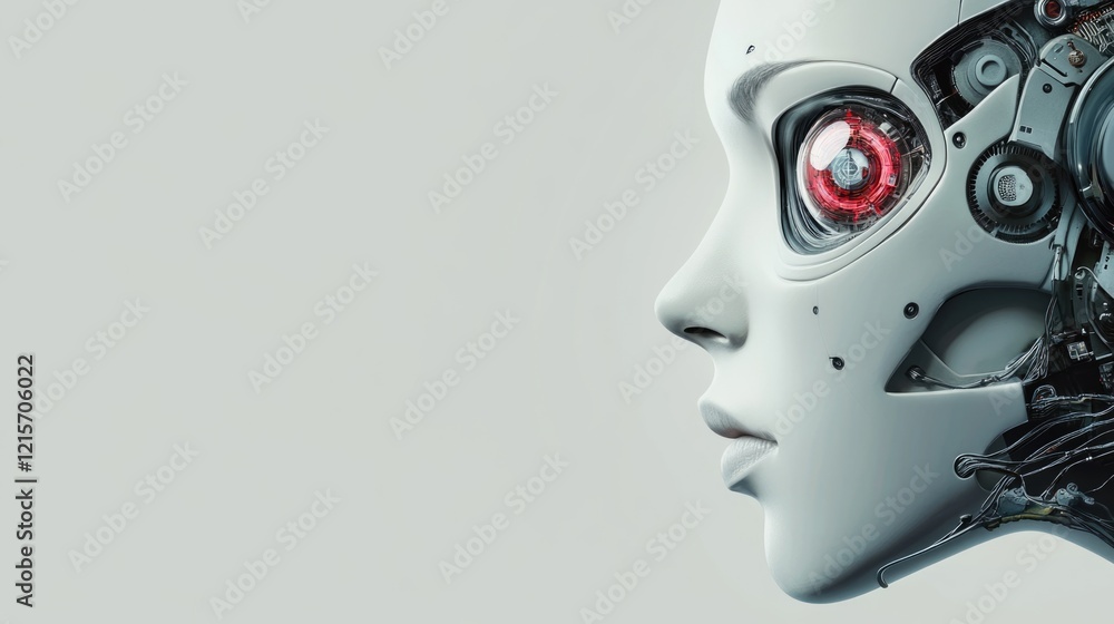 Poster ai brain visualization with optical lenses and futuristic prosthetics in profile view for text place