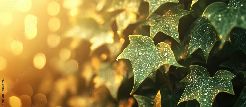 Poster close-up of ivy leaves covered with dew captured in soft golden light with blurred background and co
