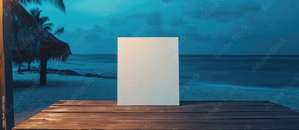Poster empty canvas on wooden table facing ocean at twilight with trees in background and copy space for te