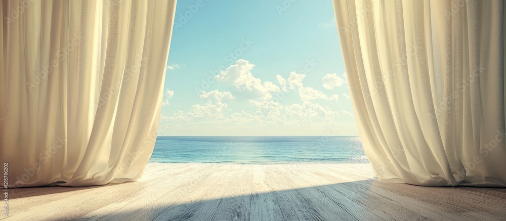 Poster seascape view through curtains with blue sky and clouds visible in the background copy space
