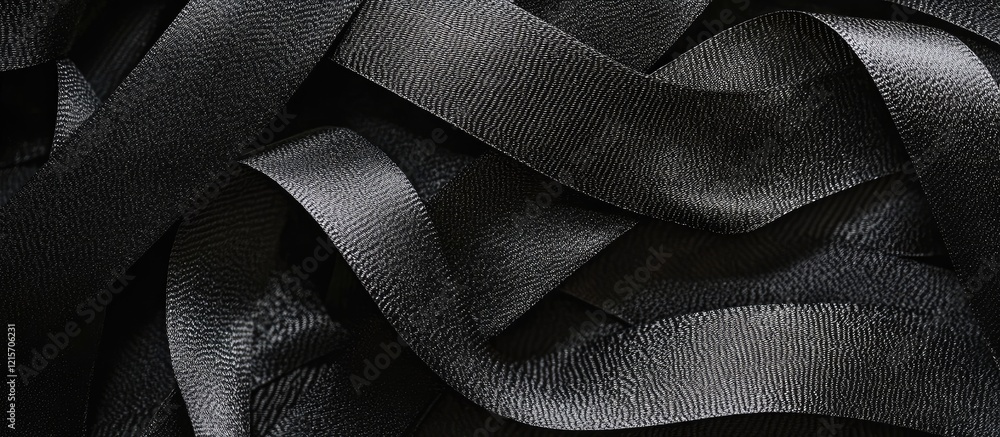 Poster black satin ribbon texture background with wavy shapes and copy space for design use
