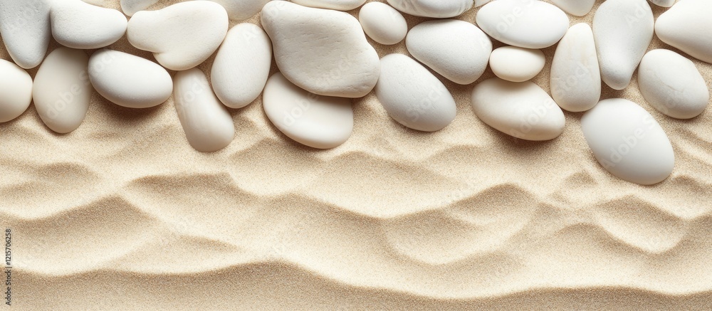 Poster white pebbles on sandy beach with gentle wave patterns and ample copy space for text placement