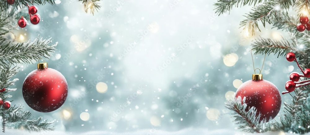 Aufkleber christmas background with ornaments and snowflakes on fir tree branches with copy space for text