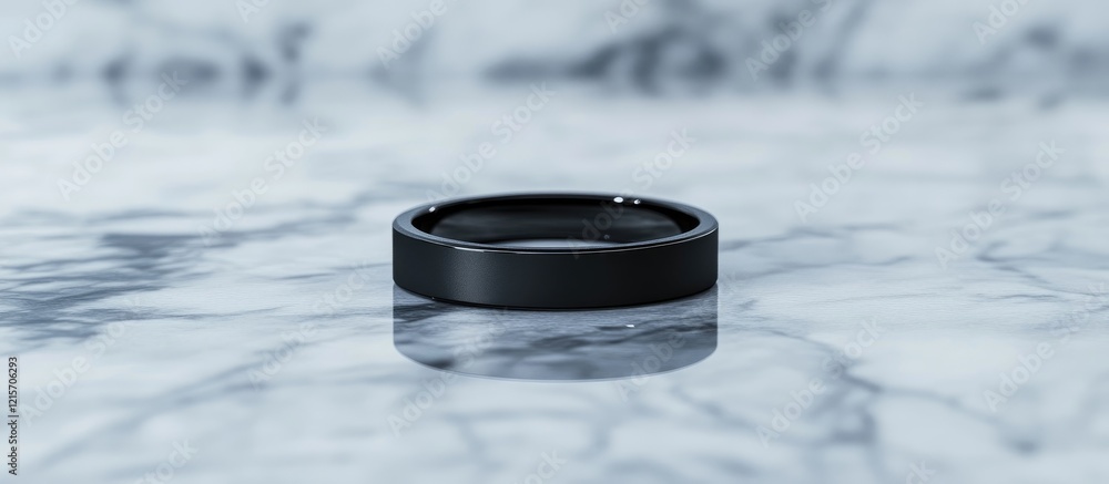 Aufkleber black matte ring on a marble background with reflective surface and copy space for text